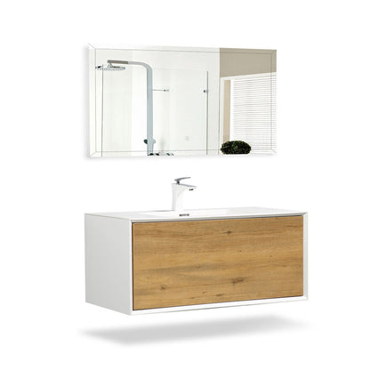 36" V9021 Fiona Wall Hung Vanity & Acrylic Basin  (Matte White / Fural Oak）