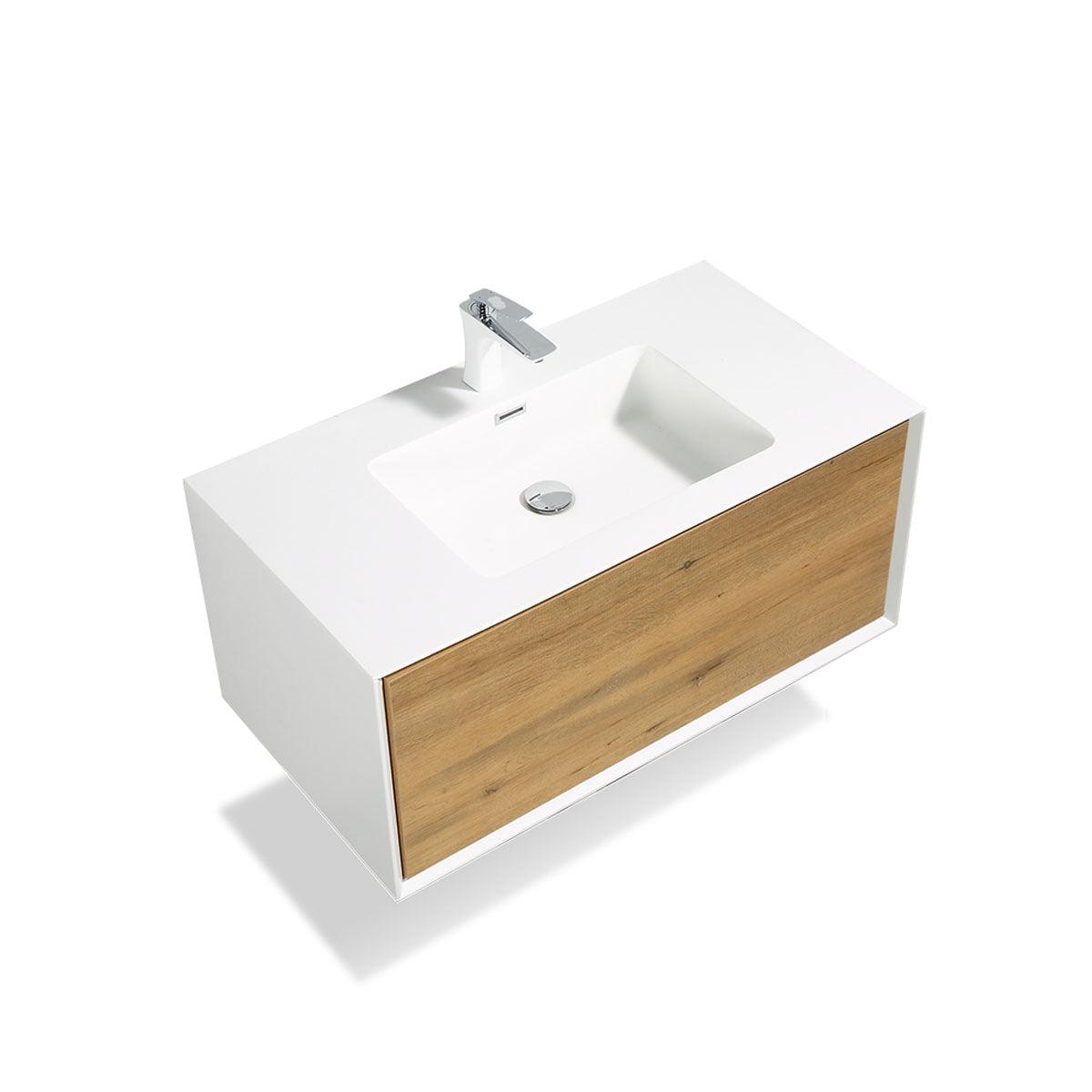 36" V9021 Fiona Wall Hung Vanity & Acrylic Basin  (Matte White / Fural Oak）