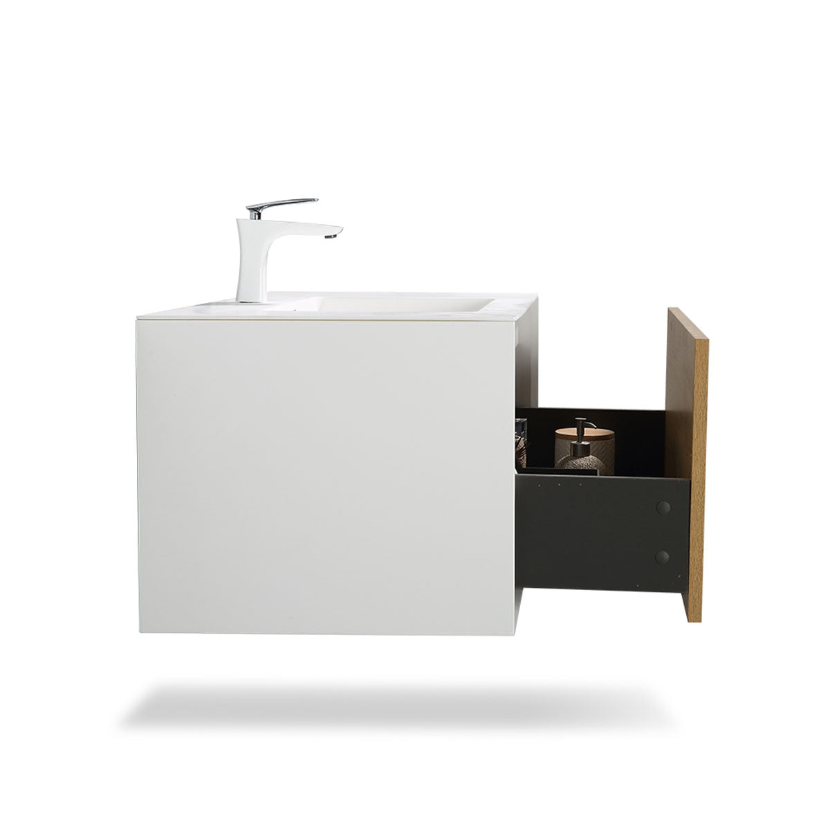 36" V9021 Fiona Wall Hung Vanity & Acrylic Basin  (Matte White / Fural Oak）
