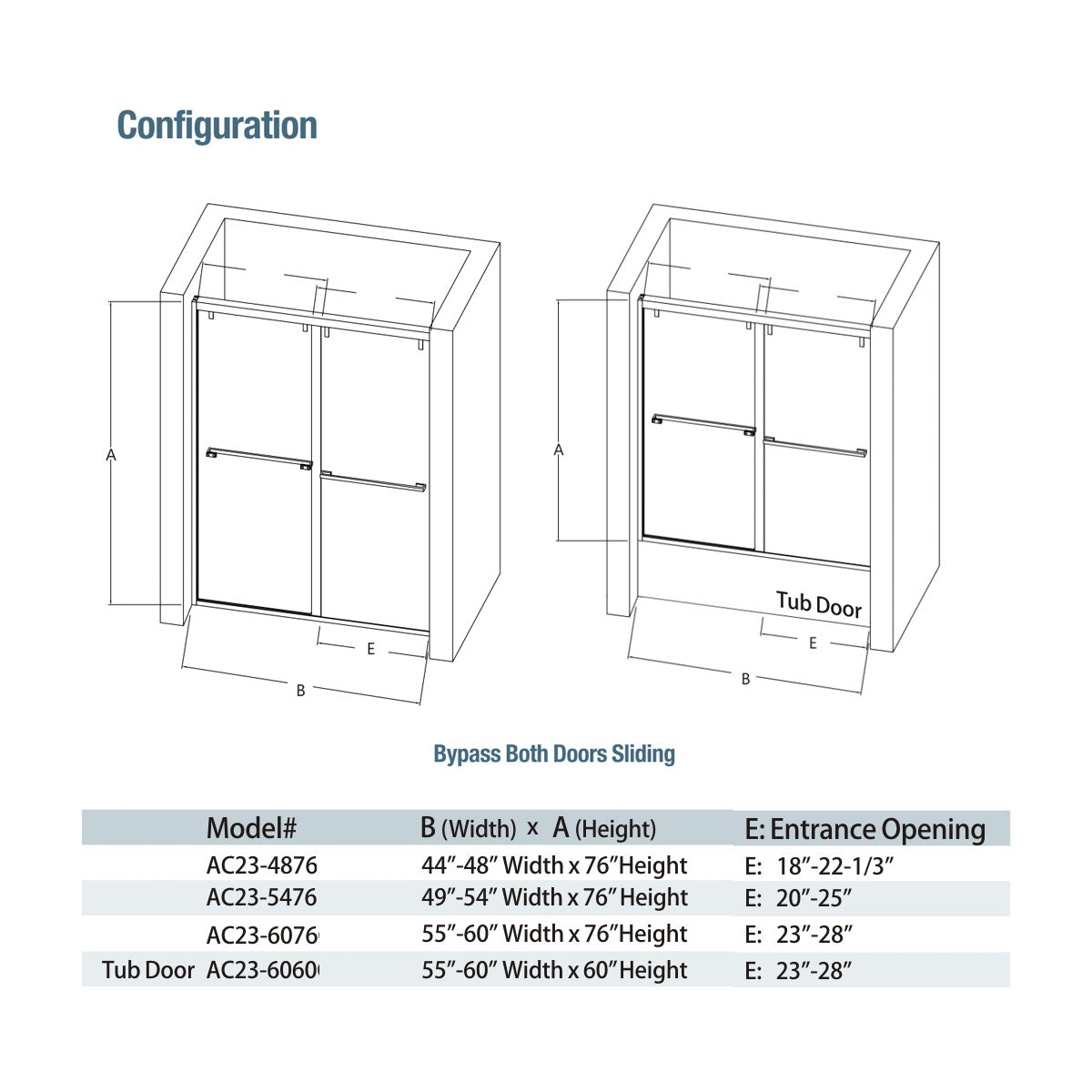 60" AC23Pro 66"H Shatterproof Series Bypass Tub Door with Klearteck Treatment (3/8" Thickness) (Matte Black)