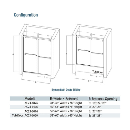 60" AC23Pro 66"H Shatterproof Series Bypass Tub Door with Klearteck Treatment (3/8" Thickness) (Matte Black)