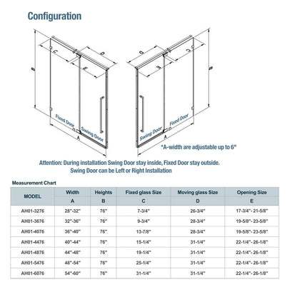 36" AH01 Series Frameless Swing Shower Door with Klearteck Treatment (Fixed 3/8" & Swing 5/16" Thickness) (Brushed Nickel)