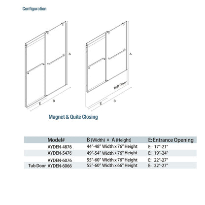 60" Ayden Series Tub Door Frameless Bypass  with Klearteck Treatment (3/8" Thickness) (Chrome)