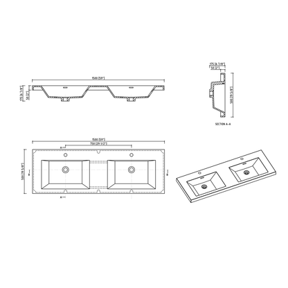 60" V9005 Angela Wall Hung Vanity & Acrylic Double Basins (Rose Wood)