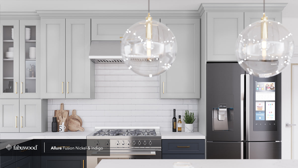 Allure Fusion Nickel kitchen cabinets featuring modern design, wide rail moldings and sleek appliances in a stylish kitchen setting.