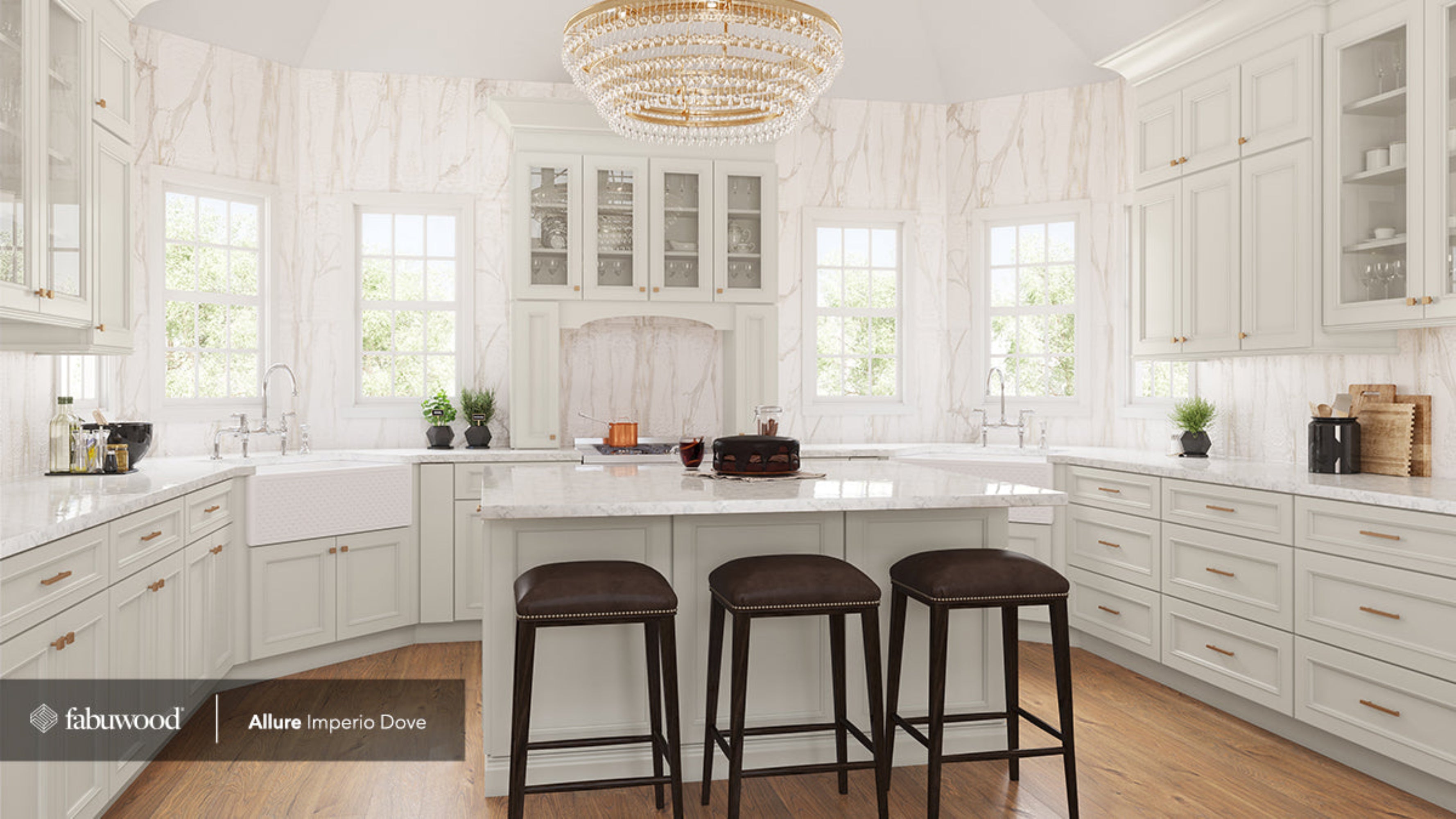 Contemporary Allure Galaxy Dove kitchen cabinets with polished finishes and timeless charm in a bright, modern space.
