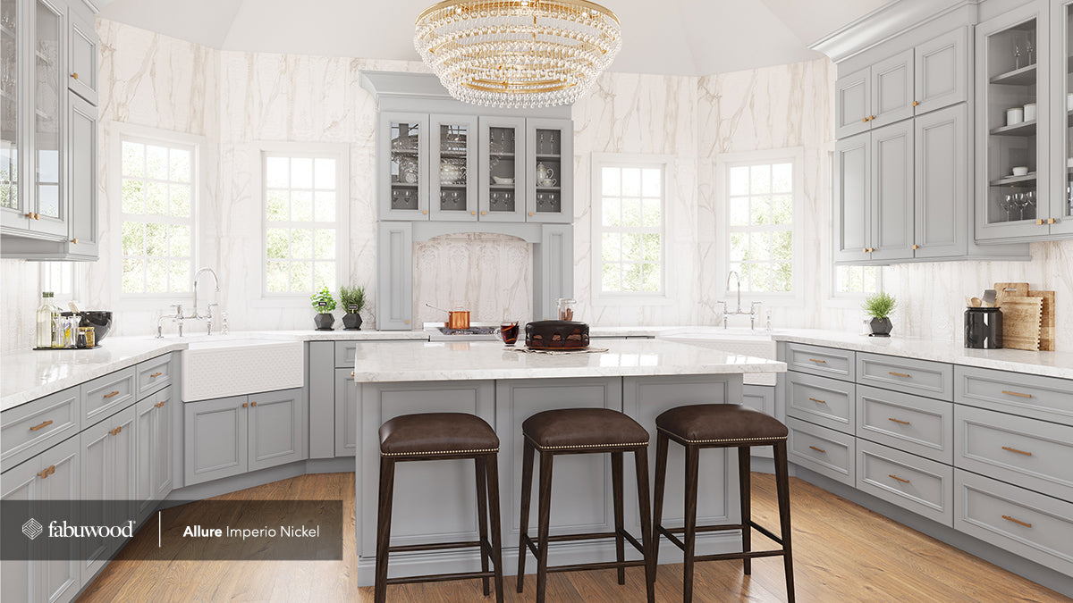 Allure Imperio Nickel Kitchen Cabinets featuring contemporary flat panels and classic moldings in a stylish kitchen setting.
