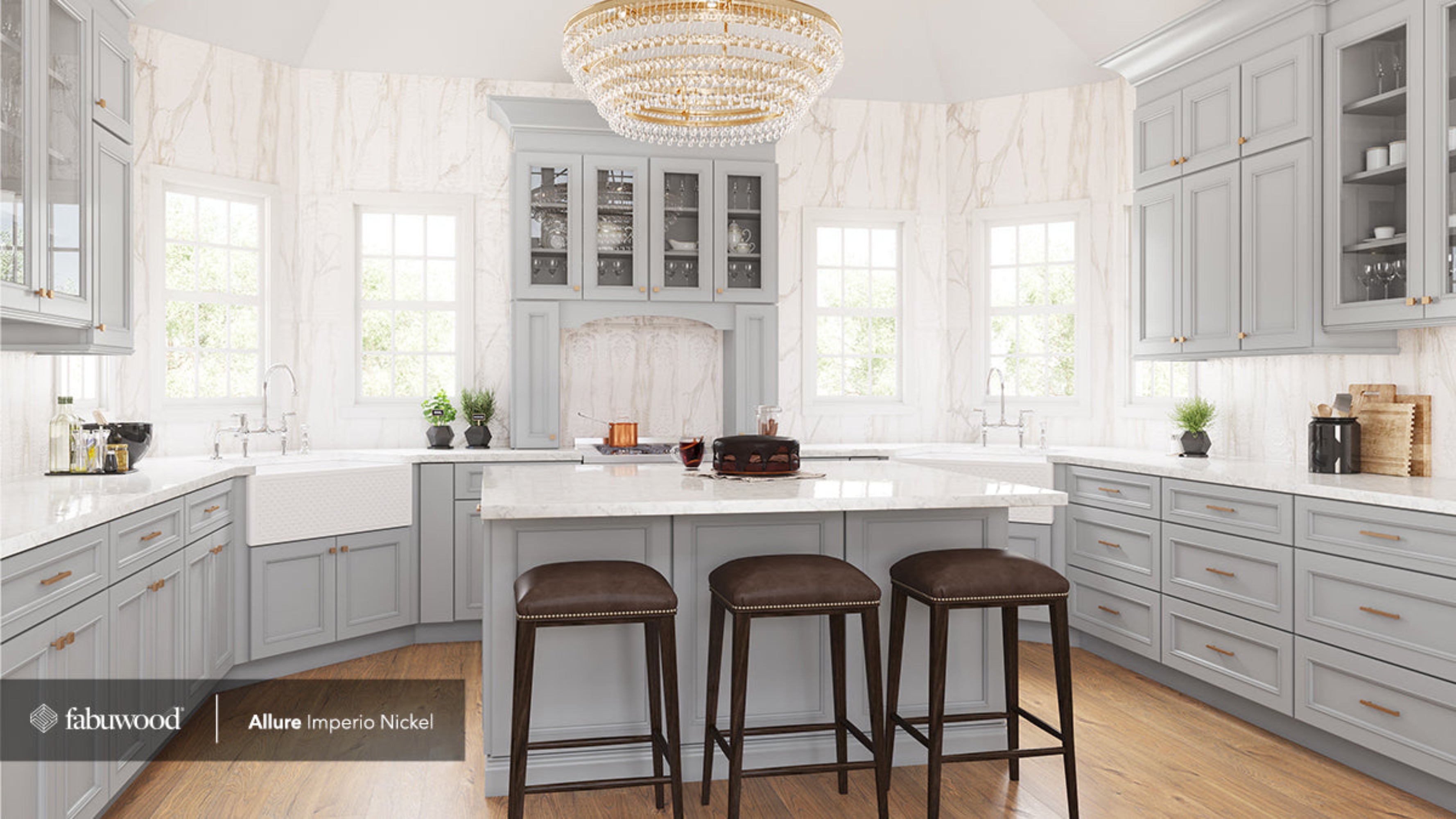 Allure Imperio Nickel Kitchen Cabinets featuring contemporary flat panels and classic moldings in a stylish kitchen setting.