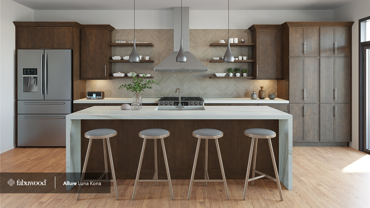 Modern kitchen featuring Allure Luna Kona cabinets with walnut brown finish, sleek island, and stylish bar stools.
