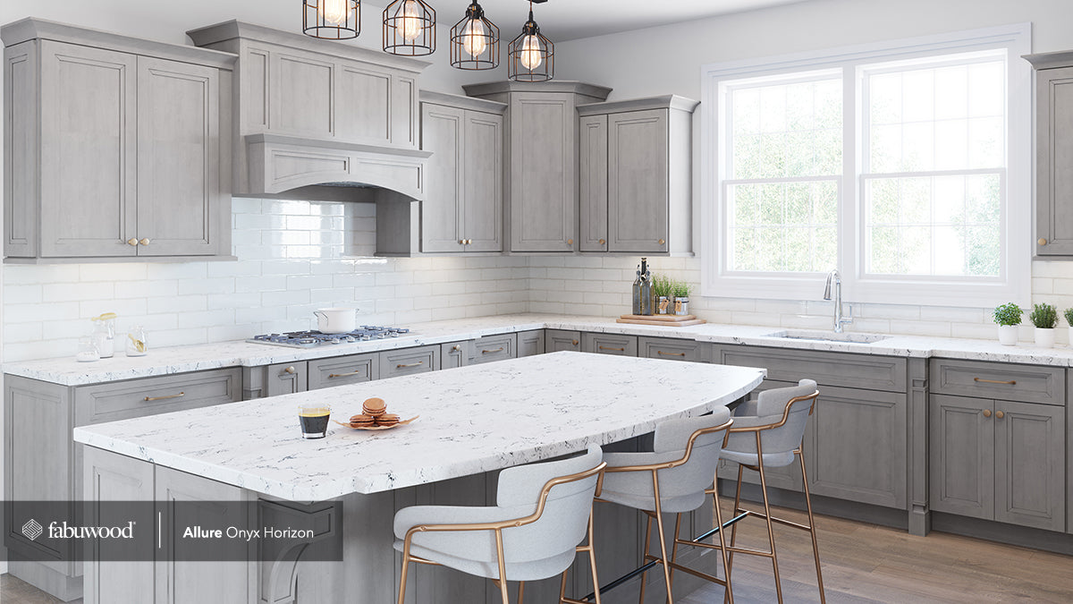Allure Onyx Horizon kitchen cabinets in a modern kitchen with marble countertop and elegant lighting fixtures.