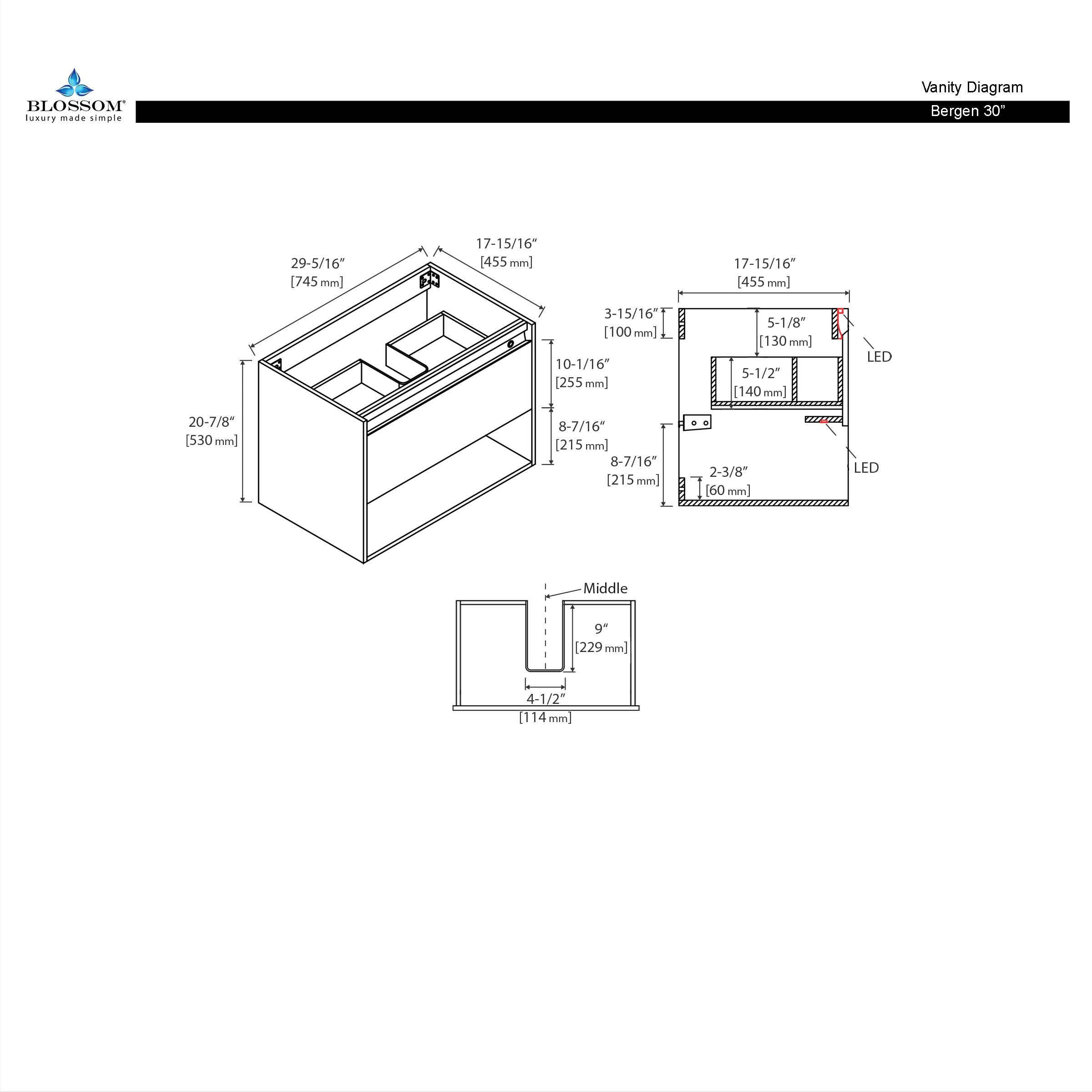 Bergen 30″ Vanity （Dual LED Illuminated）
