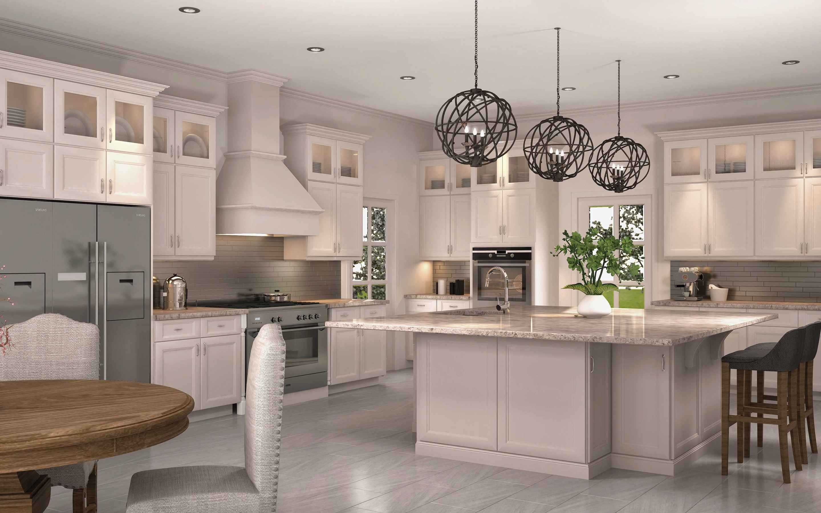 Modern kitchen featuring Imperial Bergen Latte cabinets, elegant lighting, and warm wood tones for a stylish culinary space.