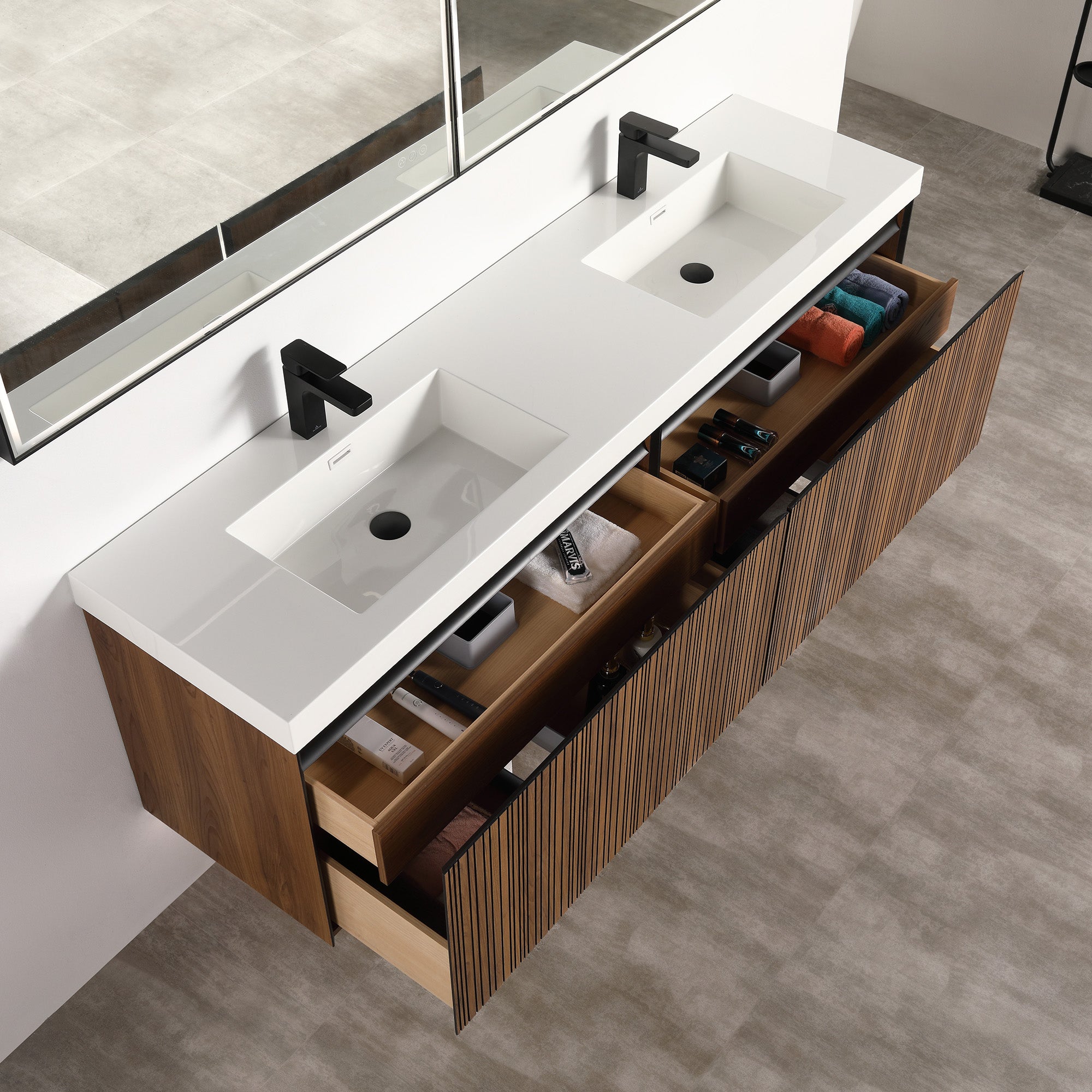 Lille – 60 Inch Double Vanity – Brown Walnut Strip  - Shop at Home Craft Studio - 2