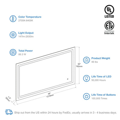 Lyra 48 x 30 Inch LED Mirror  - Shop at Home Craft Studio - 7