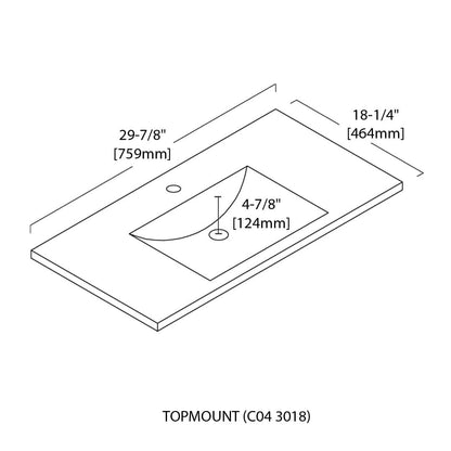 Ceramic Basin 30”x18” Top – Mount Rectangular – Three holes – 8” Spread – C04 3018 TH