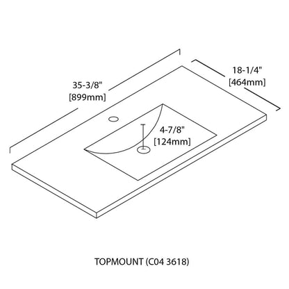Ceramic Basin 36”x18” Top Mount Rectangular – Three holes – 8” Spread – C04 3618 TH