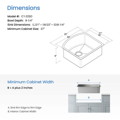 22" Handcrafted Undermount Single Bowl 16 gauge Stainless Steel D Shape Kitchen Sink - C1-22SD