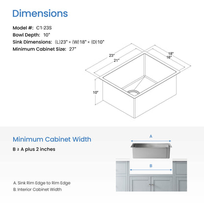 23" Handcrafted Undermount Single Bowl 16 gauge Stainless Steel Kitchen Sink - C1-23S
