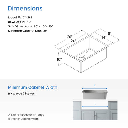 26" Handcrafted Undermount Single Bowl 16 gauge Stainless Steel Kitchen Sink - C1-26S