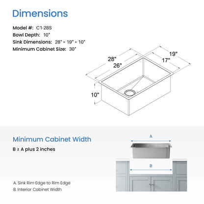 28" Handcrafted Undermount Single Bowl 16 gauge Stainless Steel Kitchen Sink - C1-28S