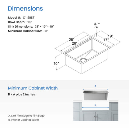 28" Undermount Single Bowl Stainless Steel Workstation Sink - C1-28ST