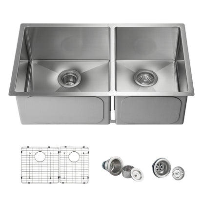 32 3/4" Handcrafted Undermount Double Bowl Stainless Steel Kitchen Sink - C1-33DBS