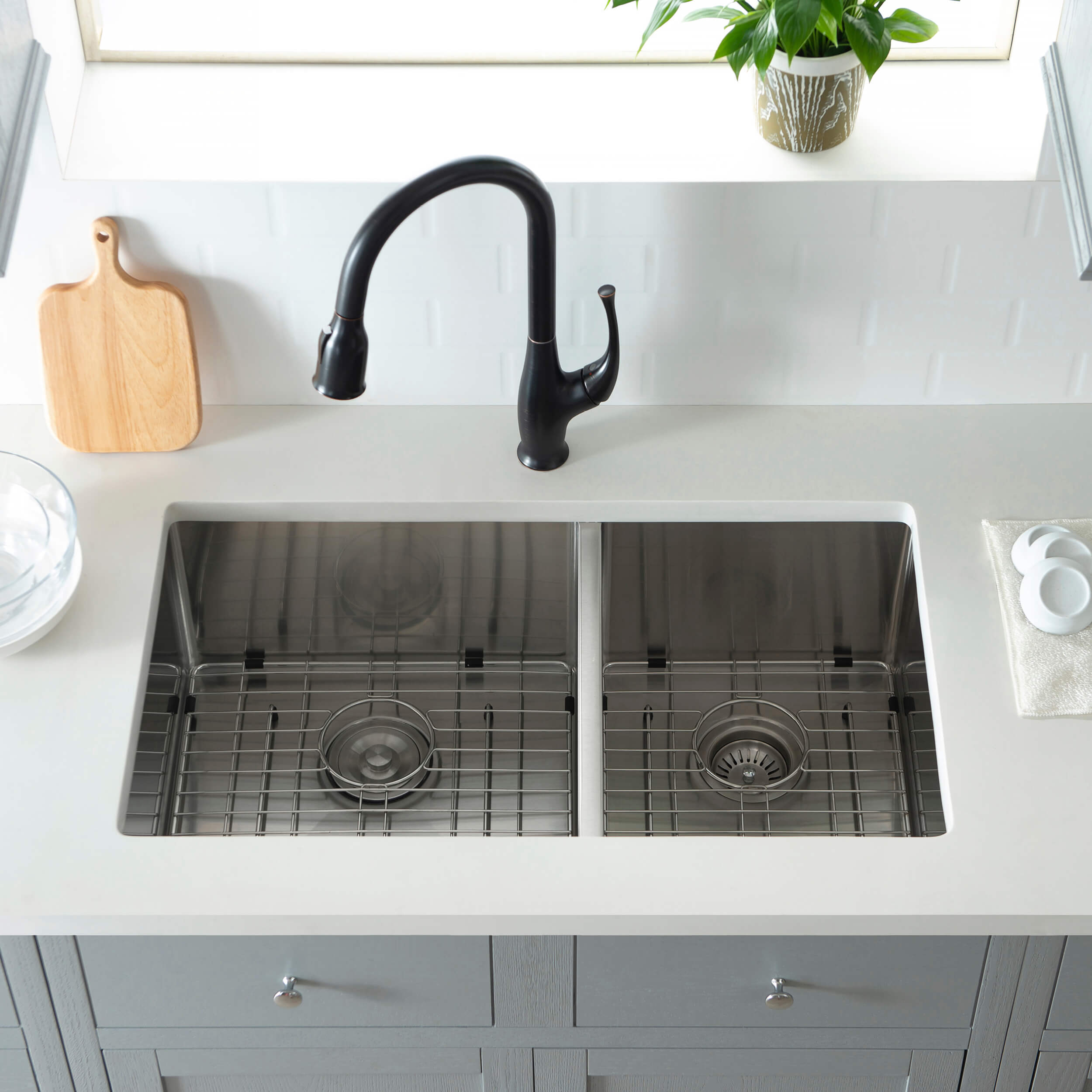 32 3/4" Handcrafted Undermount Double Bowl Stainless Steel Kitchen Sink - C1-33DBS