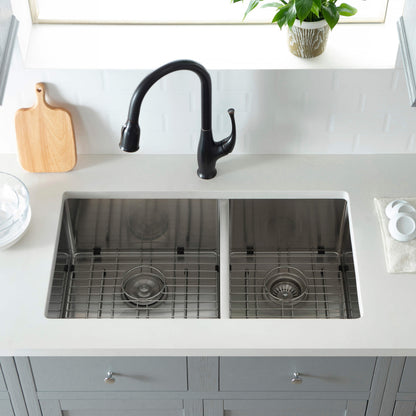 32 3/4" Handcrafted Undermount Double Bowl Stainless Steel Kitchen Sink - C1-33DBS