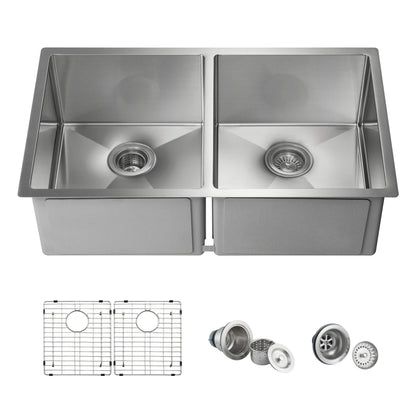 32 3/4" Handcrafted Undermount Double Bowl Stainless Steel Kitchen Sink - C1-33DEQ
