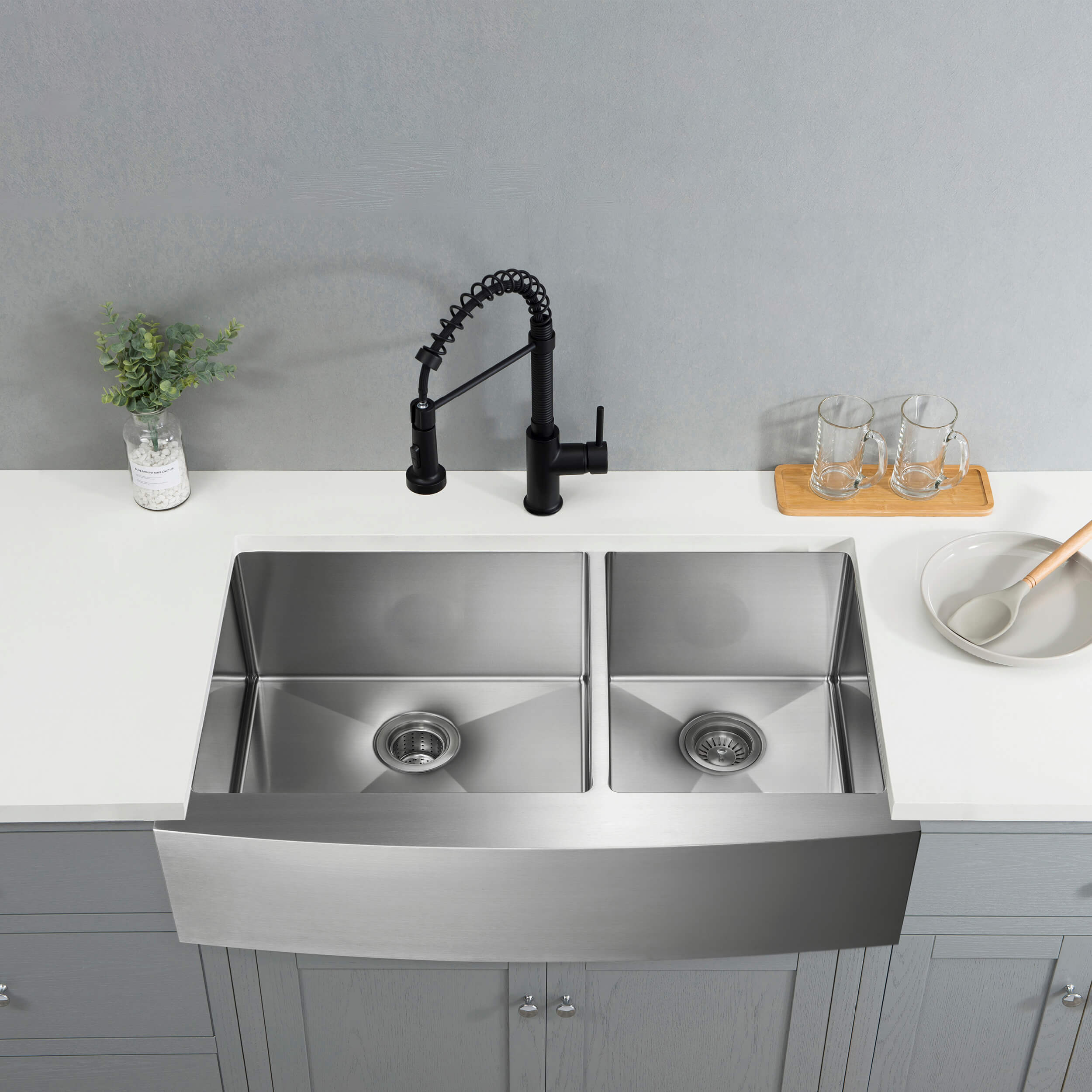 36" Handcrafted Farmhouse Apron Double Bowl Stainless Steel Kitchen Sink - C1-36DF
