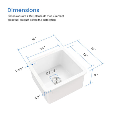 Nova 18" Fireclay Single Bowl Kitchen Undermount Sink - C2-18SQ