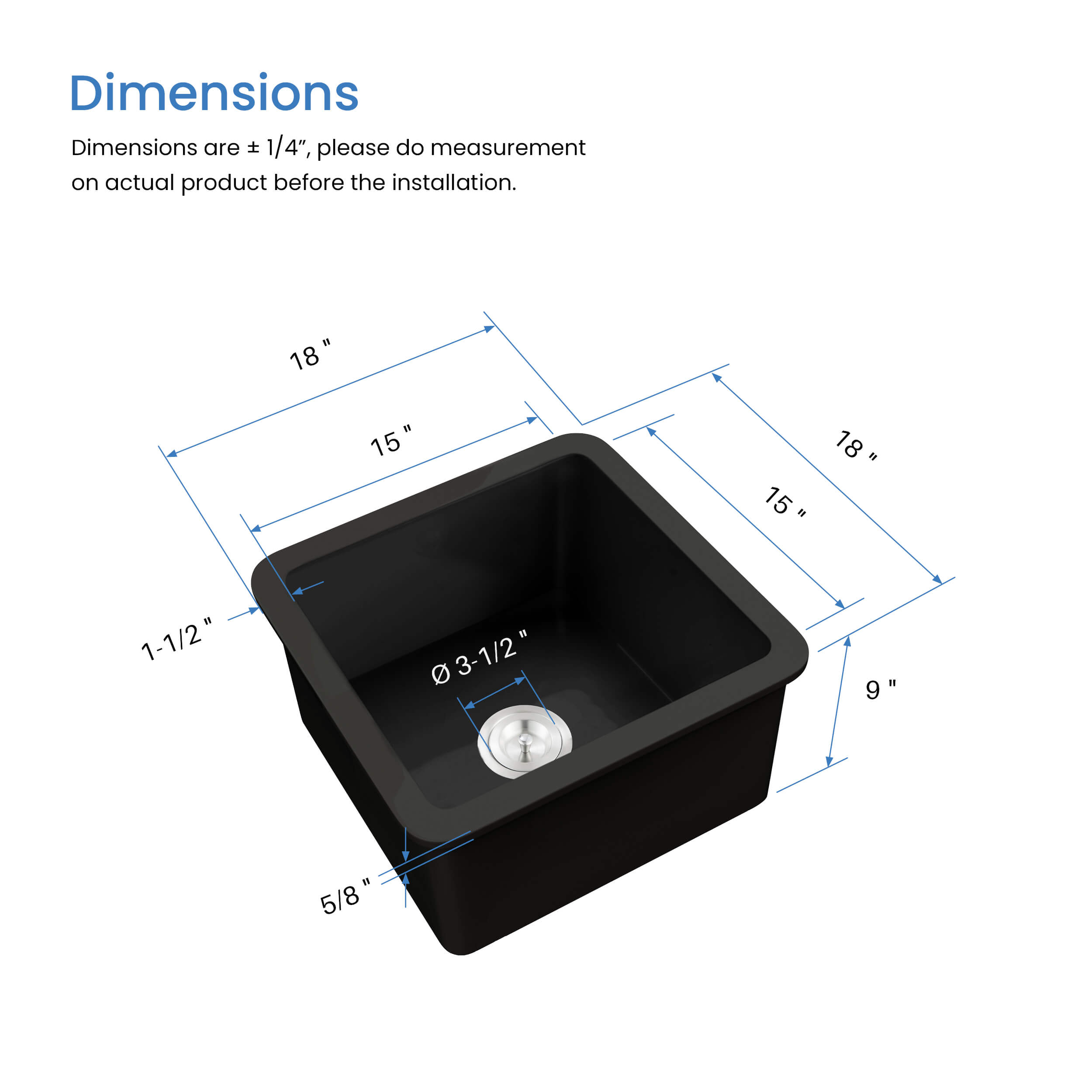 Nova 18" Matte Black Fireclay Single Bowl Kitchen Undermount Sink - C2-18SQMB