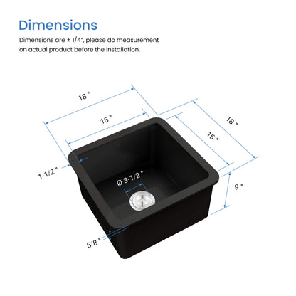 Nova 18" Matte Black Fireclay Single Bowl Kitchen Undermount Sink - C2-18SQMB