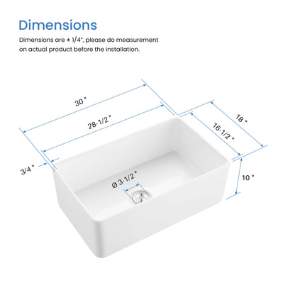 Nova 30" Fireclay Single Bowl Kitchen Farmhouse Sink - C2-30SF