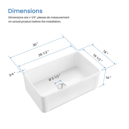 Nova - AR 30" Reversible Fireclay Single Bowl Kitchen Farmhouse Sink - C2-30SFAR