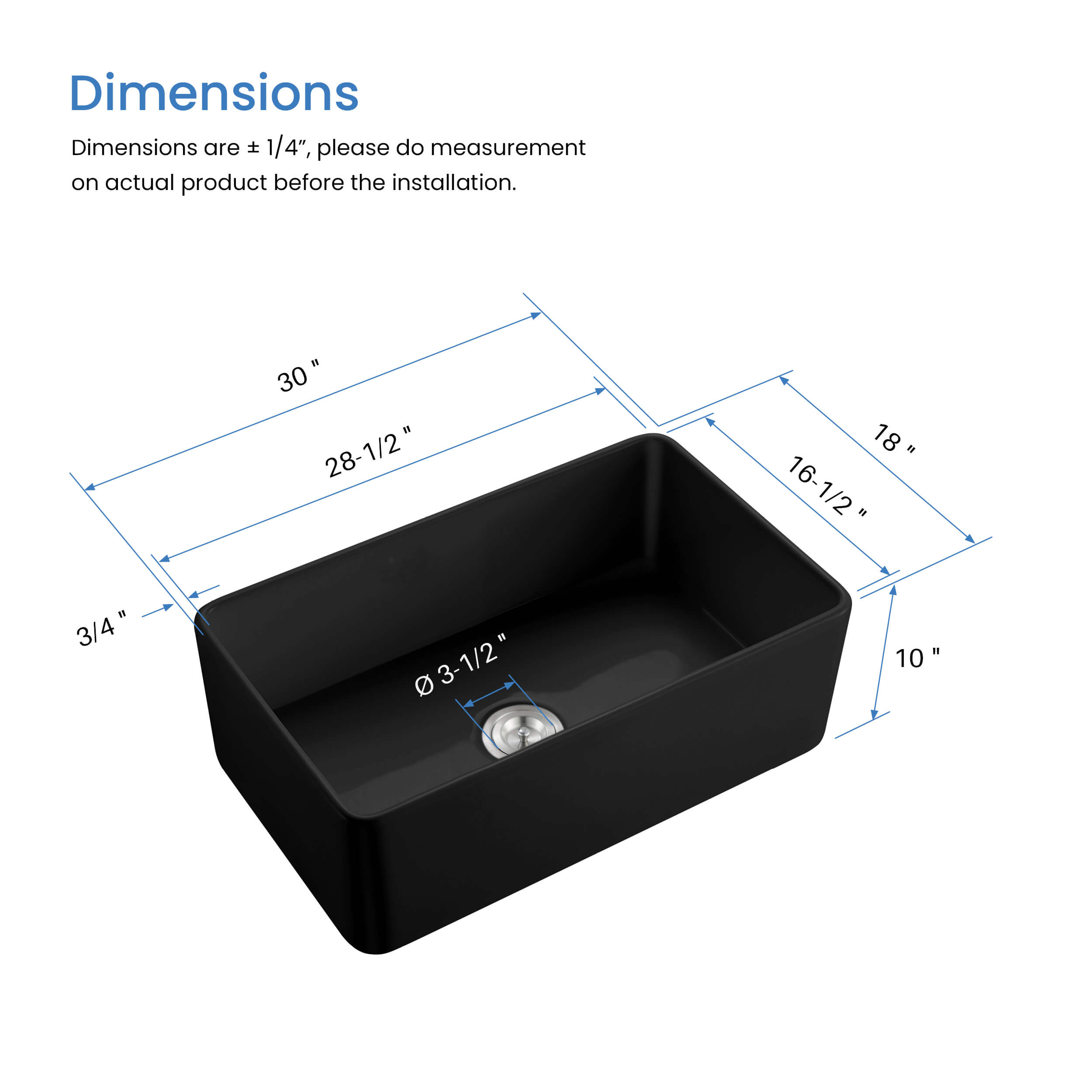 Nova 30" Matte Black Fireclay Single Bowl Kitchen Farmhouse Sink - C2-30SFMB