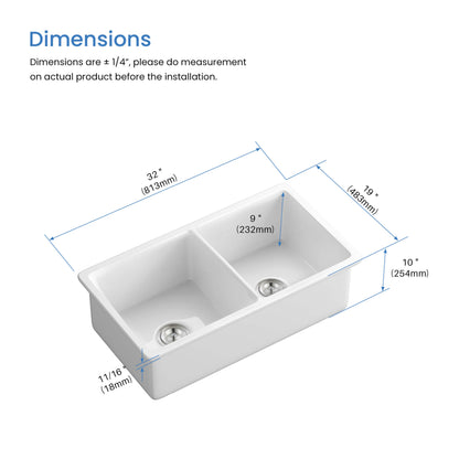 32" Fireclay Double Bowl Undermount Kitchen Sink - C2-32D
