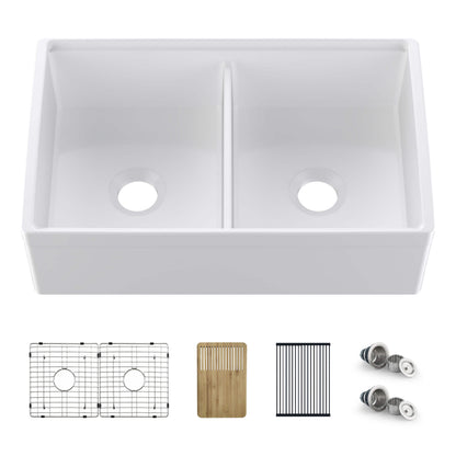 33" Fireclay Double Bowl  Farmhouse Kitchen Workstation Sink - C2-33DFT
