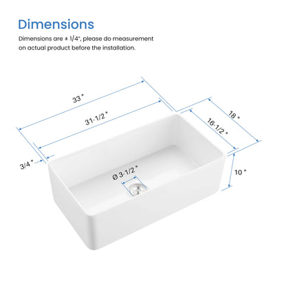 Nova 33" Fireclay Single Bowl Kitchen Farmhouse Sink - C2-33SF