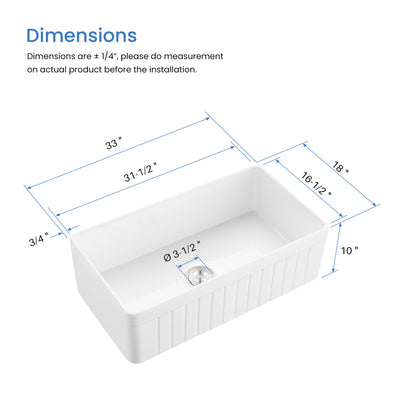 Nova - PL 33" Reversible Fireclay Single Bowl Kitchen Farmhouse Sink - C2-33SFPI