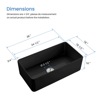 Nova 36" Matte Black Fireclay Single Bowl Kitchen Farmhouse Sink - C2-36SFMB
