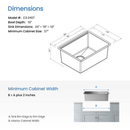 24" Handcrafted 316 Marine Grade Stainless Steel Single Bowl Workstation Undermount Kitchen Sink - C3-24ST