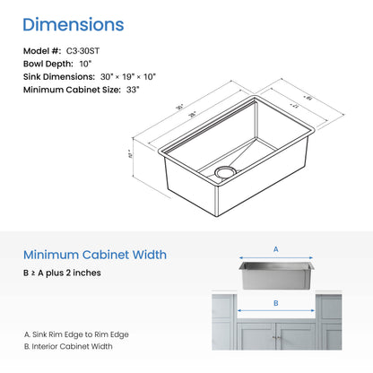 30" Handcrafted 316 Marine Grade Stainless Steel Single Bowl Workstation Undermount Kitchen Sink - C3-30ST