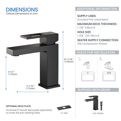 Quadra Single Handle Bathroom Vanity Sink Faucet with Pop Up Drain - CBF-1002