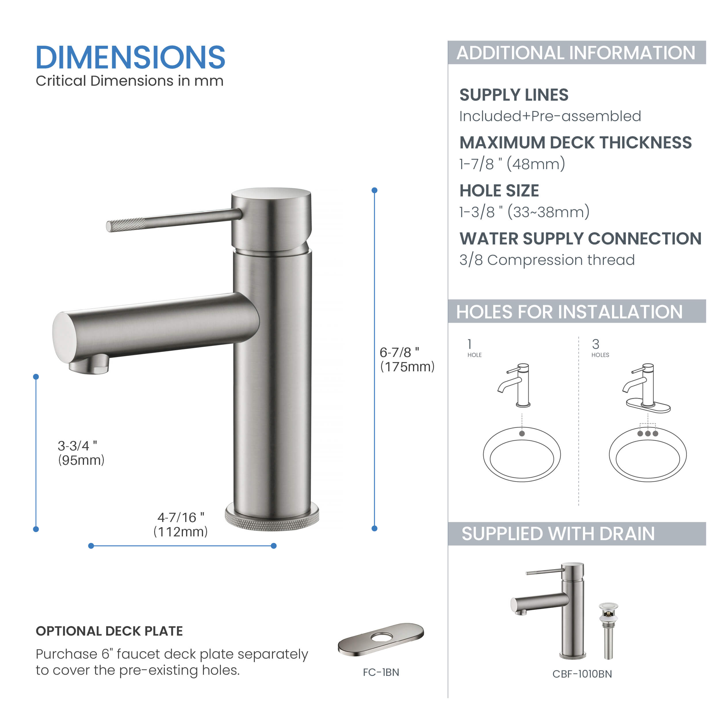 Verona Single Handle Bathroom Vanity Sink Faucet with Pop Up Drain - CBF-1010