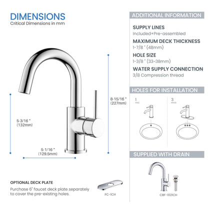 Halo High-Arc Single Handle Bathroom Vanity Sink Faucet with Pop Up Drain - CBF-1021