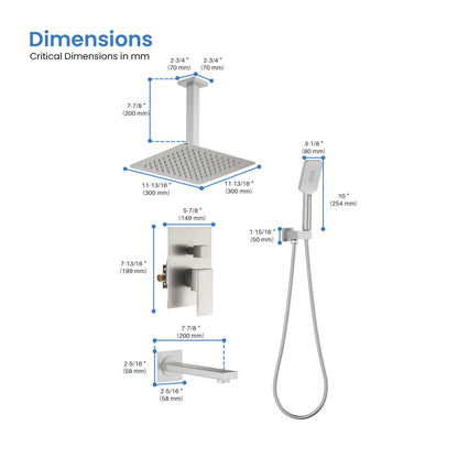 Quadra Pressure Balanced 3-Function Ceiling Mount Shower System with Rough-In Valve - CSF-4013