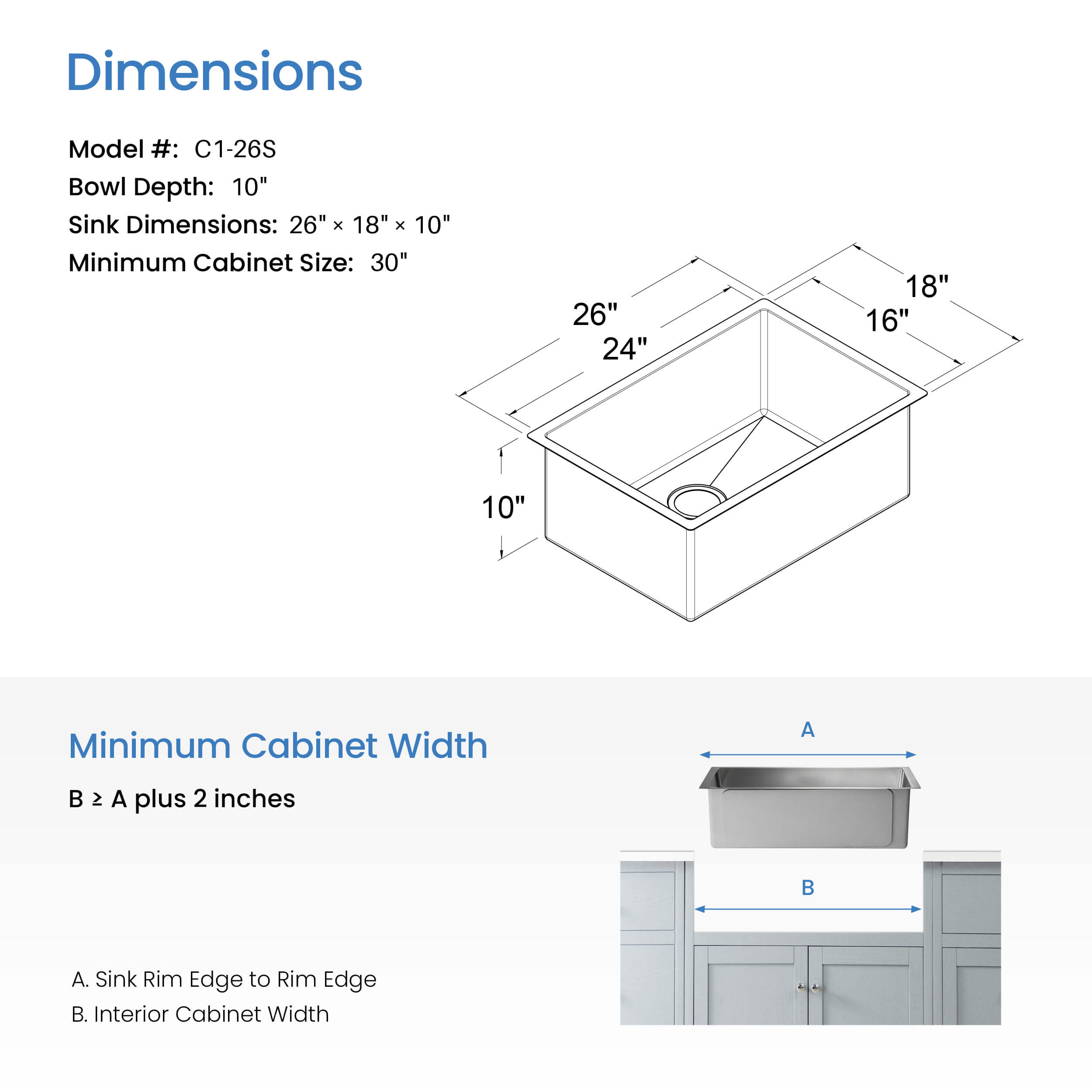 26" Handcrafted Undermount Single Bowl 16 gauge Stainless Steel Kitchen Sink - C1-26S  - Shop at Home Craft Studio - 5