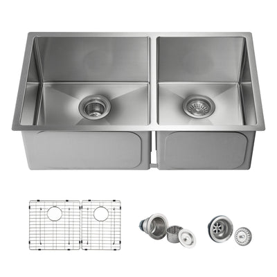 32 3/4" Handcrafted Undermount Double Bowl Stainless Steel Kitchen Sink - C1-33DBS  - Shop at Home Craft Studio - 1
