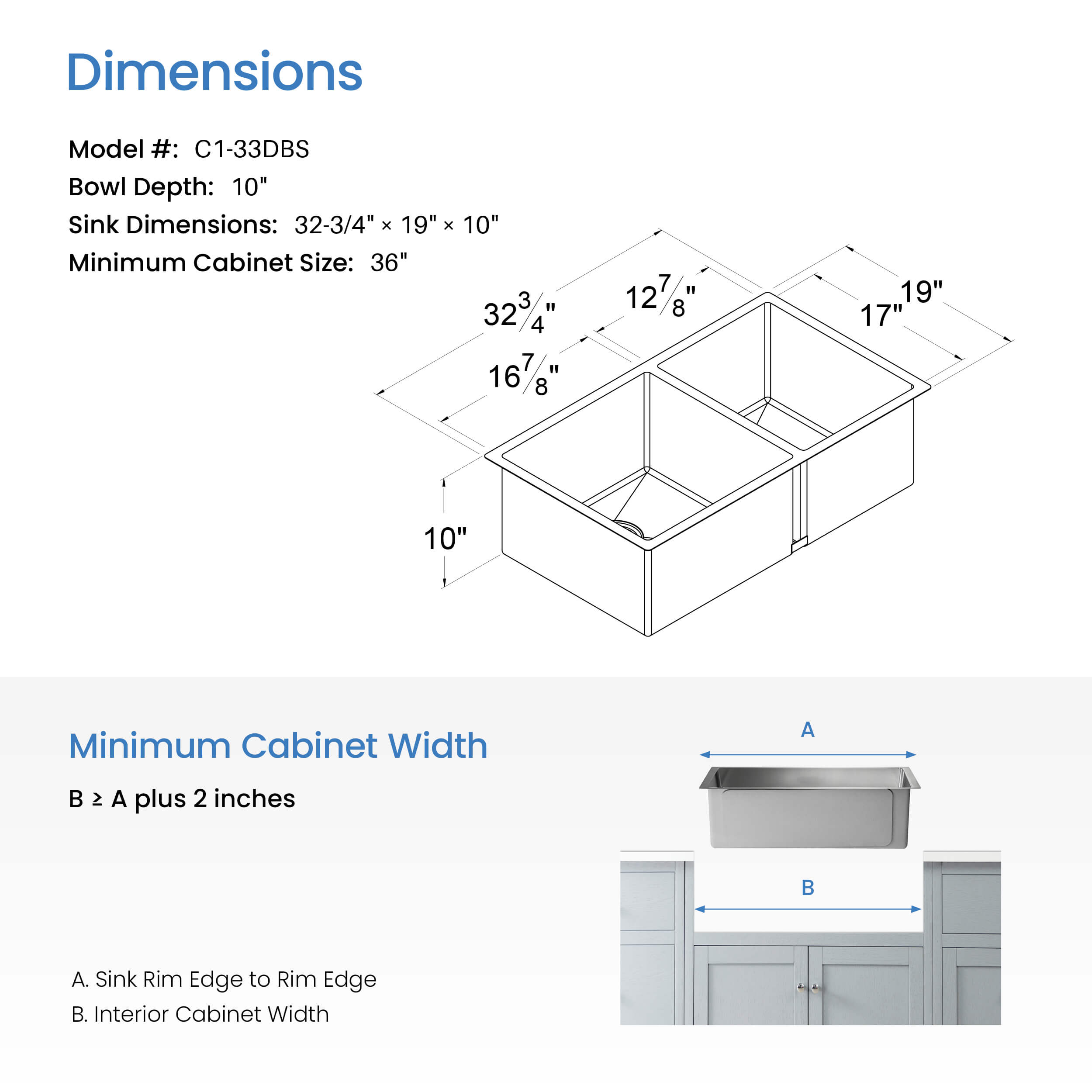 32 3/4" Handcrafted Undermount Double Bowl Stainless Steel Kitchen Sink - C1-33DBS  - Shop at Home Craft Studio - 7